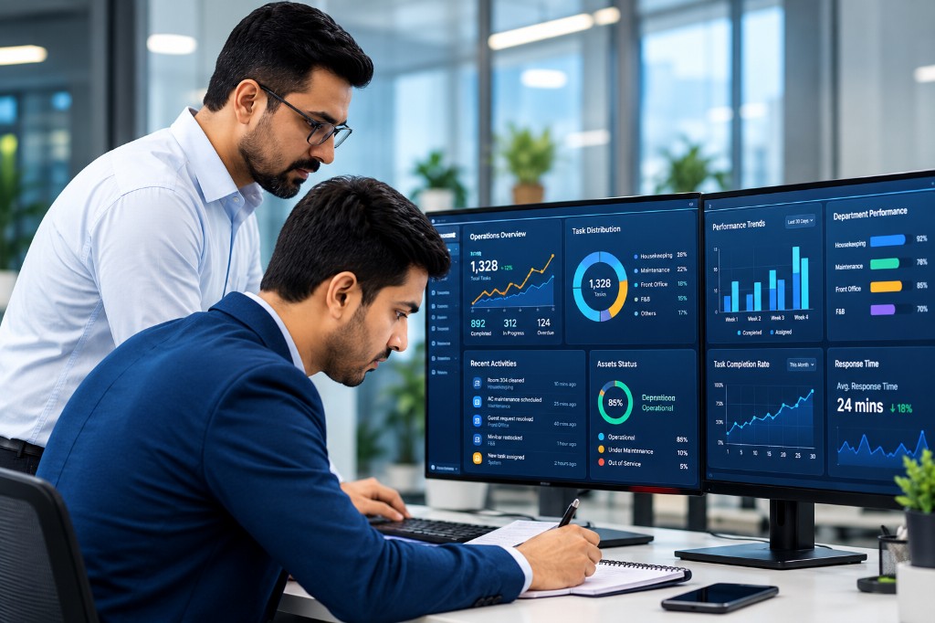 Engineers collaborating over analytics dashboards in a modern office