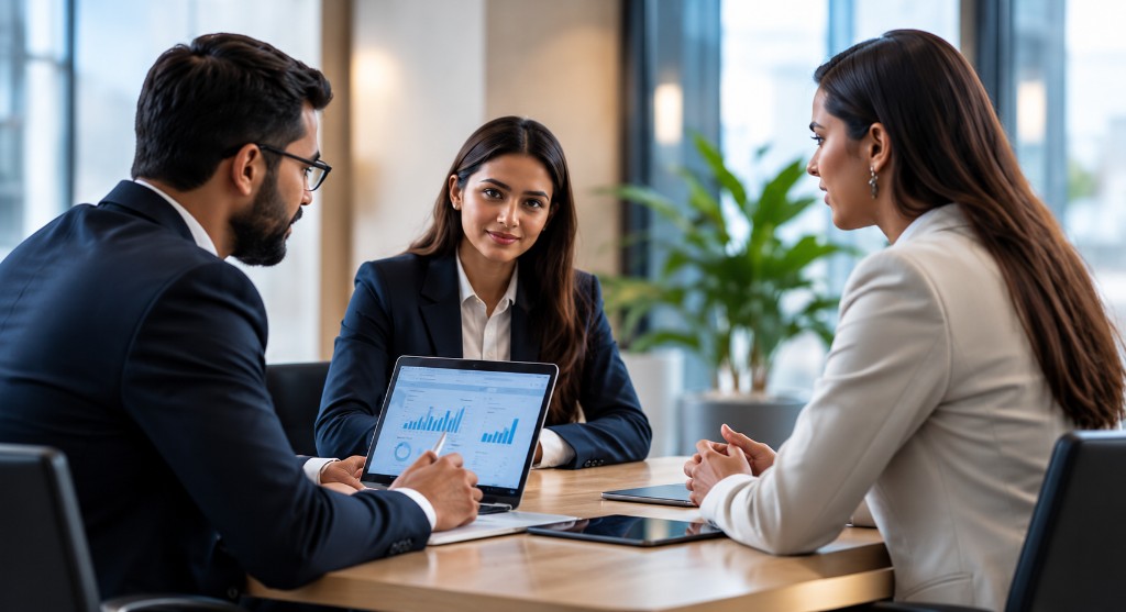 Professional team reviewing data on a dashboard in a meeting