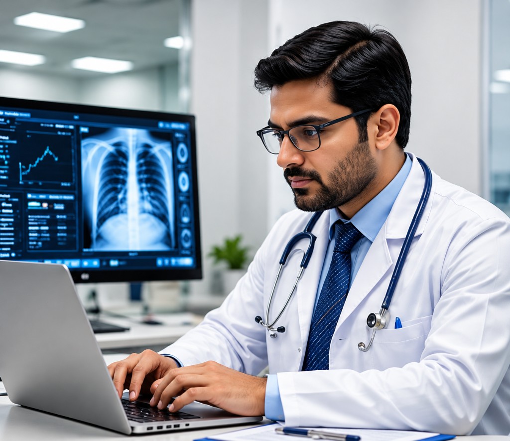 Doctor reviewing chest X-ray diagnostics on screen