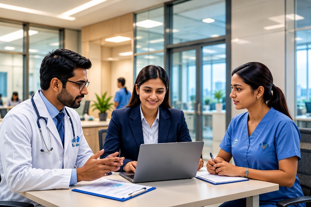 Medical team collaborating around a laptop