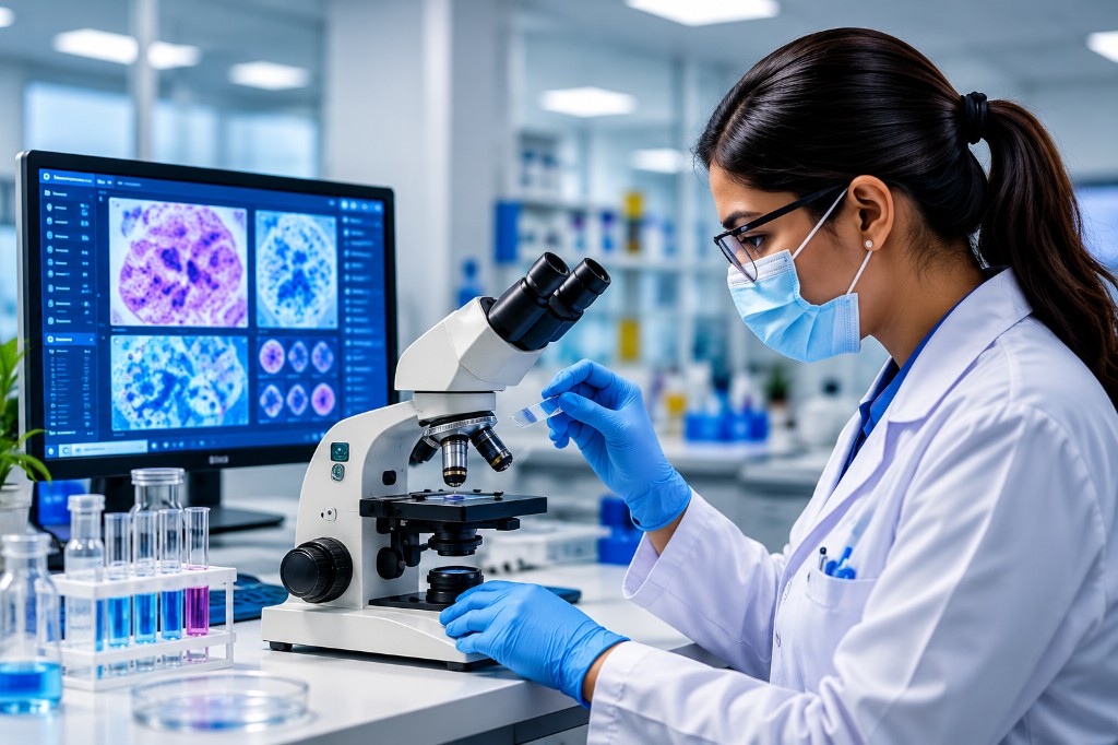 Biomedical scientist at a microscope with digital imaging