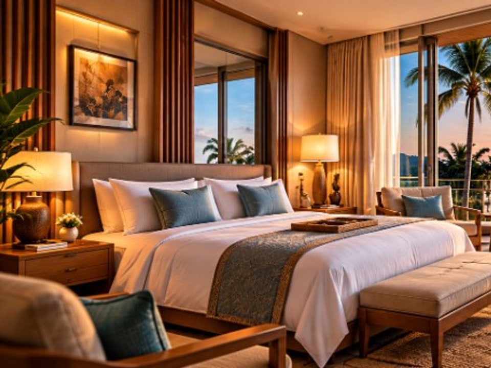 Luxury hotel suite opening to an infinity pool and sunset ocean view