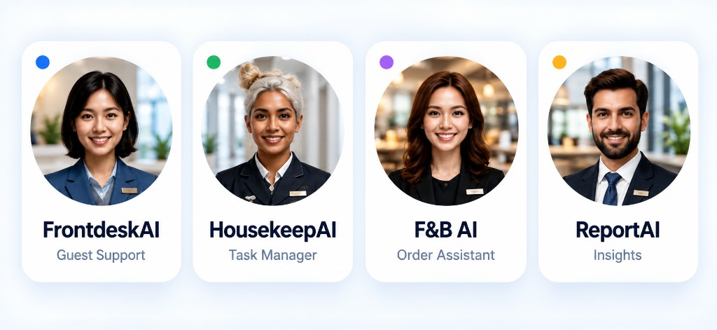 FrontdeskAI, HousekeepAI, F&B AI and ReportAI agent cards