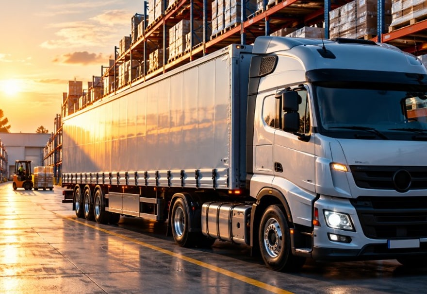 Truck in a logistics yard at golden hour