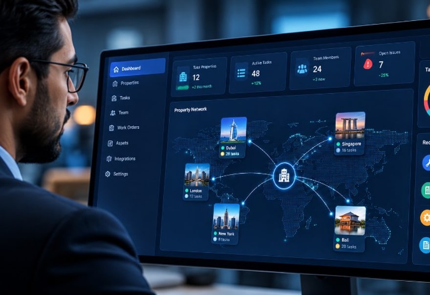 Executive reviewing supply chain analytics on a large dashboard
