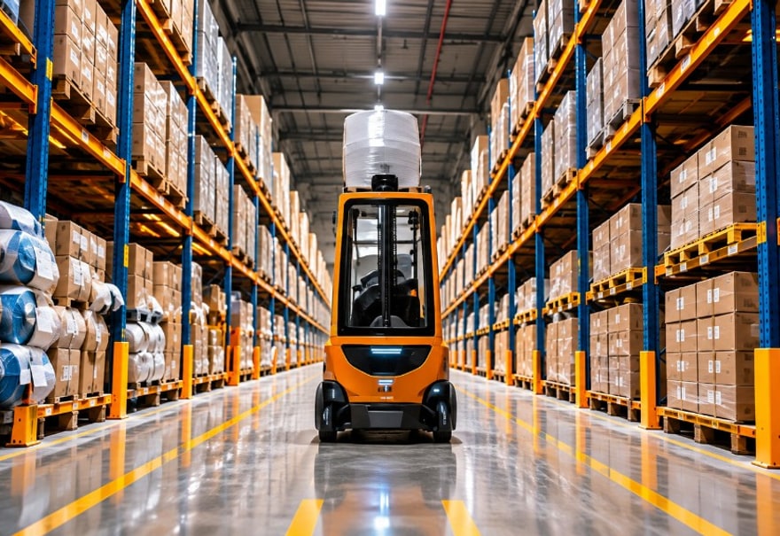Automated forklift operating in a warehouse aisle