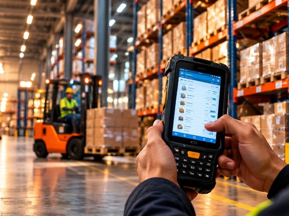Operations leader in a warehouse reviewing supply chain systems