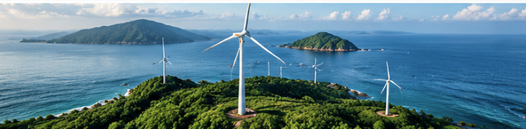 Offshore wind turbines along a coastal shoreline
