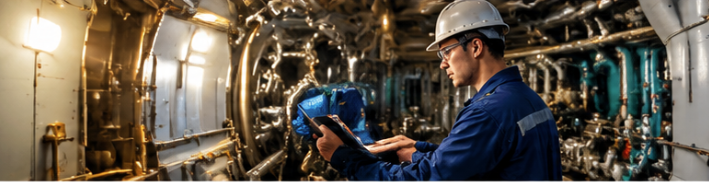 Engineer using a tablet in a ship engine room