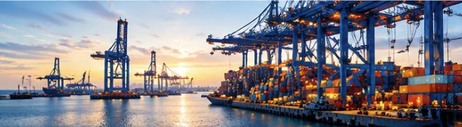 Ship terminal with gantry cranes and stacked containers at sunset