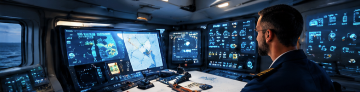 Officer monitoring voyage planning systems on a ship bridge