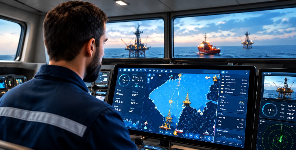 Officer monitoring navigation systems on a ship bridge at dusk