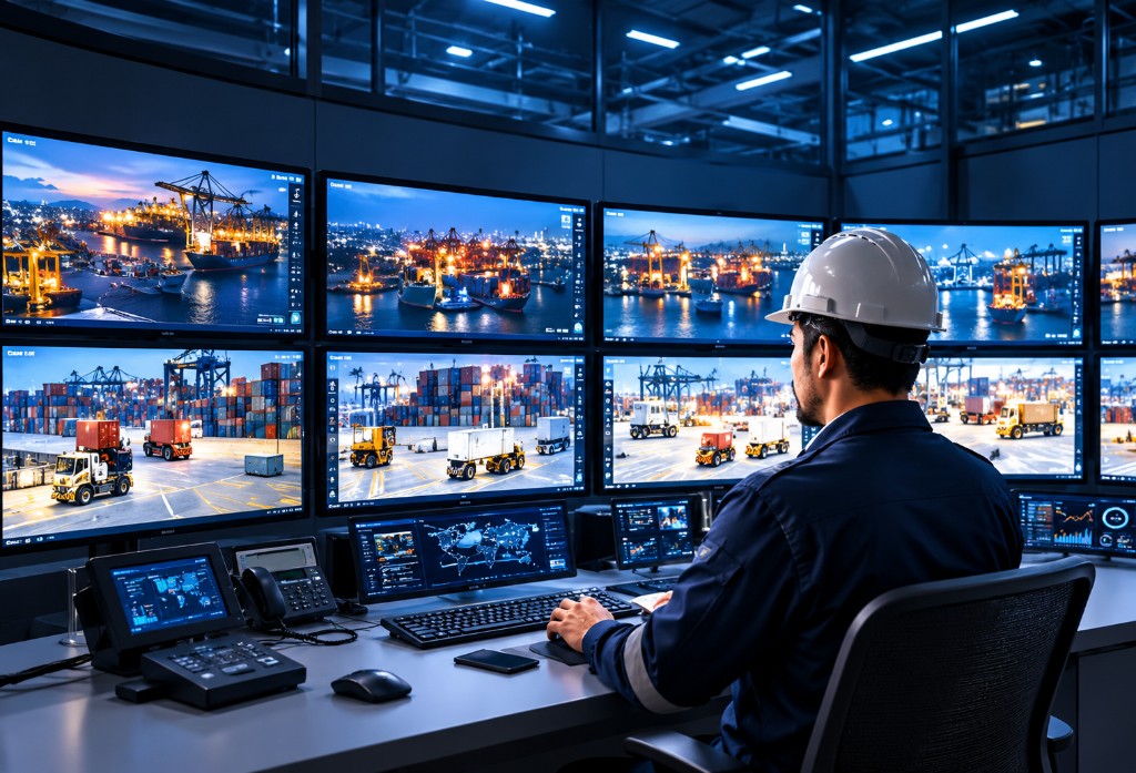 Port operations control room with monitoring displays