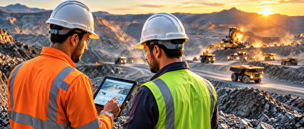 Mining engineers reviewing data on a tablet at a quarry