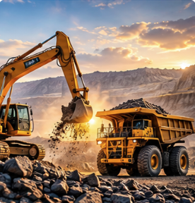 Excavator loading a haul truck at an open-pit mine at sunset
