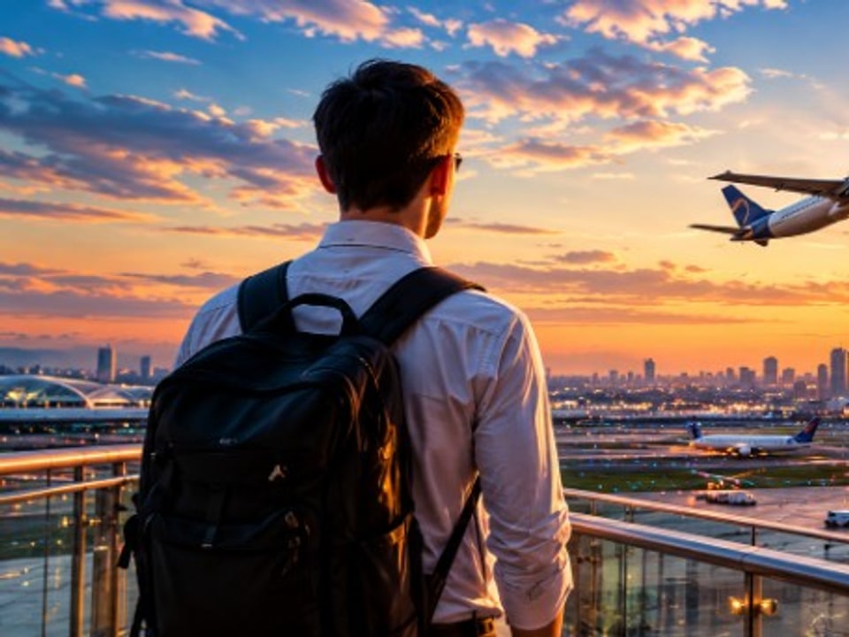 Traveller overlooking an airport and city skyline at golden hour