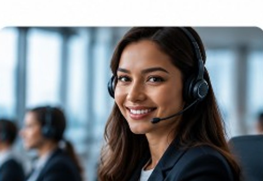 Customer service representative with headset assisting travellers