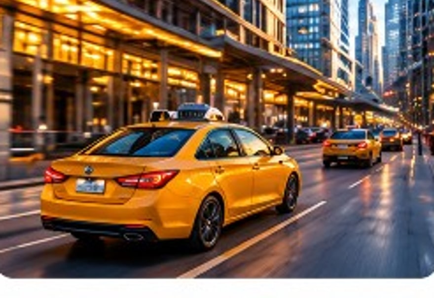 Yellow taxi in an urban street at dusk