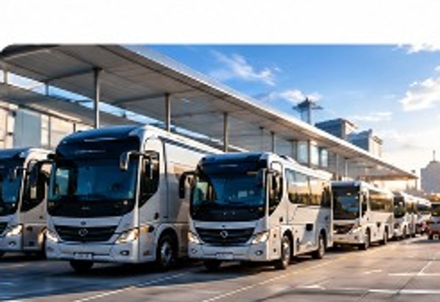 Coach buses lined up at a transport depot